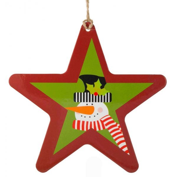 Χριστουγεννιάτικο Κρεμαστό Αστέρι, με Χιονάνθρωπο και Κόκκινο Κασκόλ σε Πράσινο Φόντο (12cm)